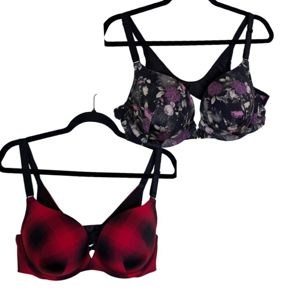 Torrid Bra Lot 2pc 40D Red Plaid Floral Excellent 360 Back Smoothing Push-Up